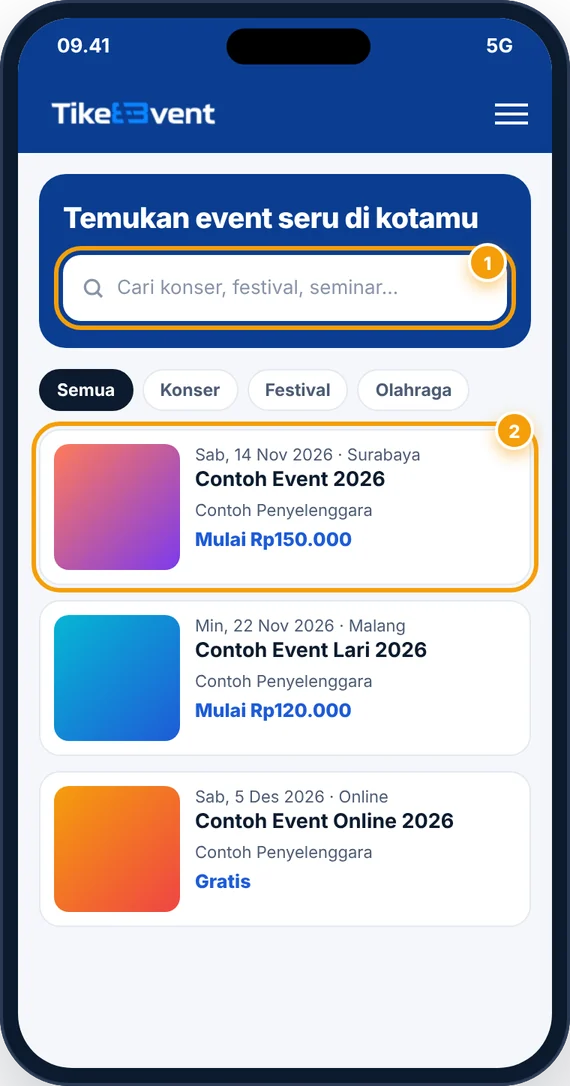 Beranda TiketEvent: kolom pencarian event dan daftar kartu event