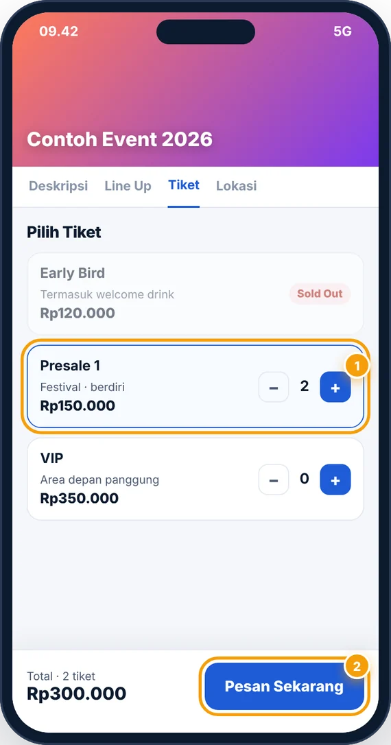 Halaman event bagian Tiket: tombol plus minus jumlah tiket dan tombol Pesan Sekarang
