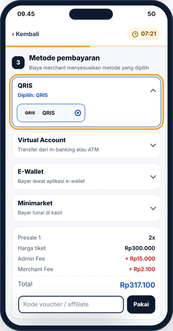 Pilihan metode pembayaran QRIS, Virtual Account, E-Wallet, Minimarket dan ringkasan harga