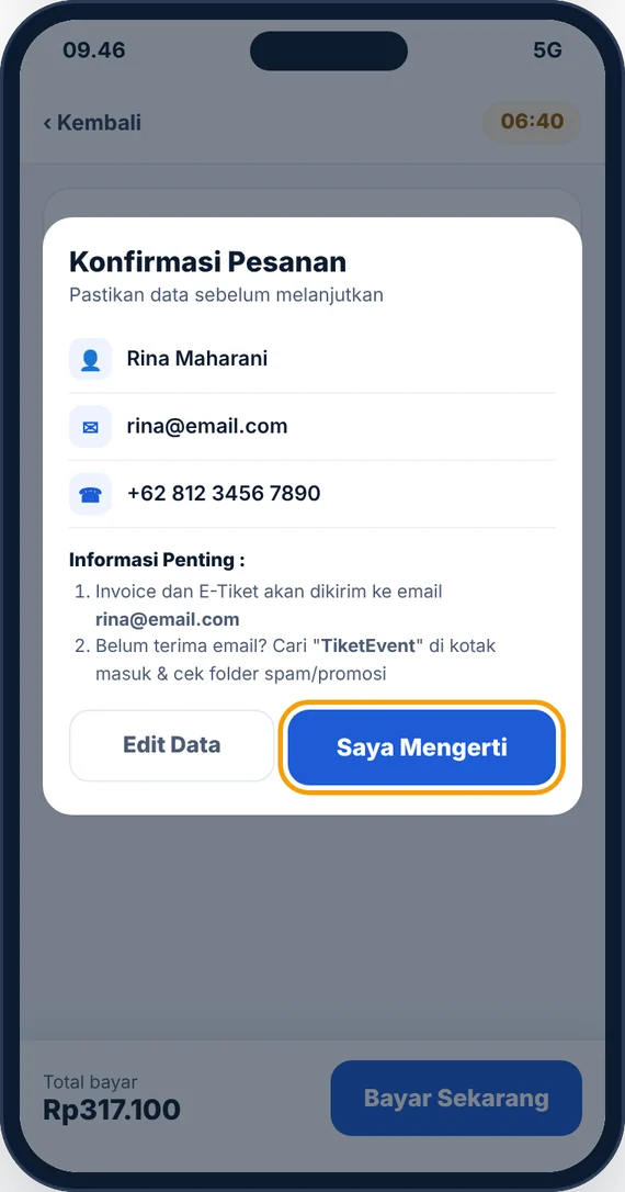 Pop-up Konfirmasi Pesanan berisi nama, email, nomor WhatsApp dan tombol Saya Mengerti