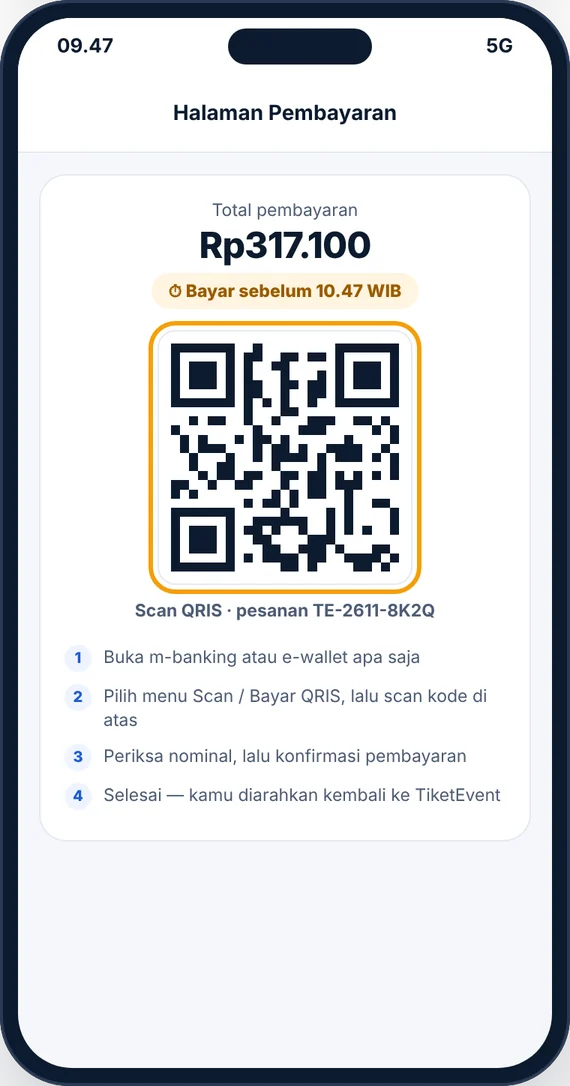 Halaman pembayaran: total tagihan, batas waktu bayar dan kode QRIS