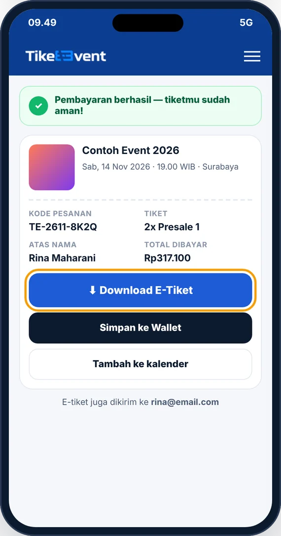 Halaman pesanan: pembayaran berhasil, kode pesanan dan tombol Download E-Tiket