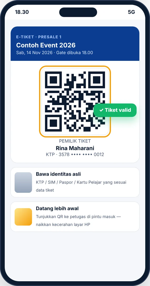 E-tiket dengan QR code, nama pemilik tiket dan pengingat membawa identitas